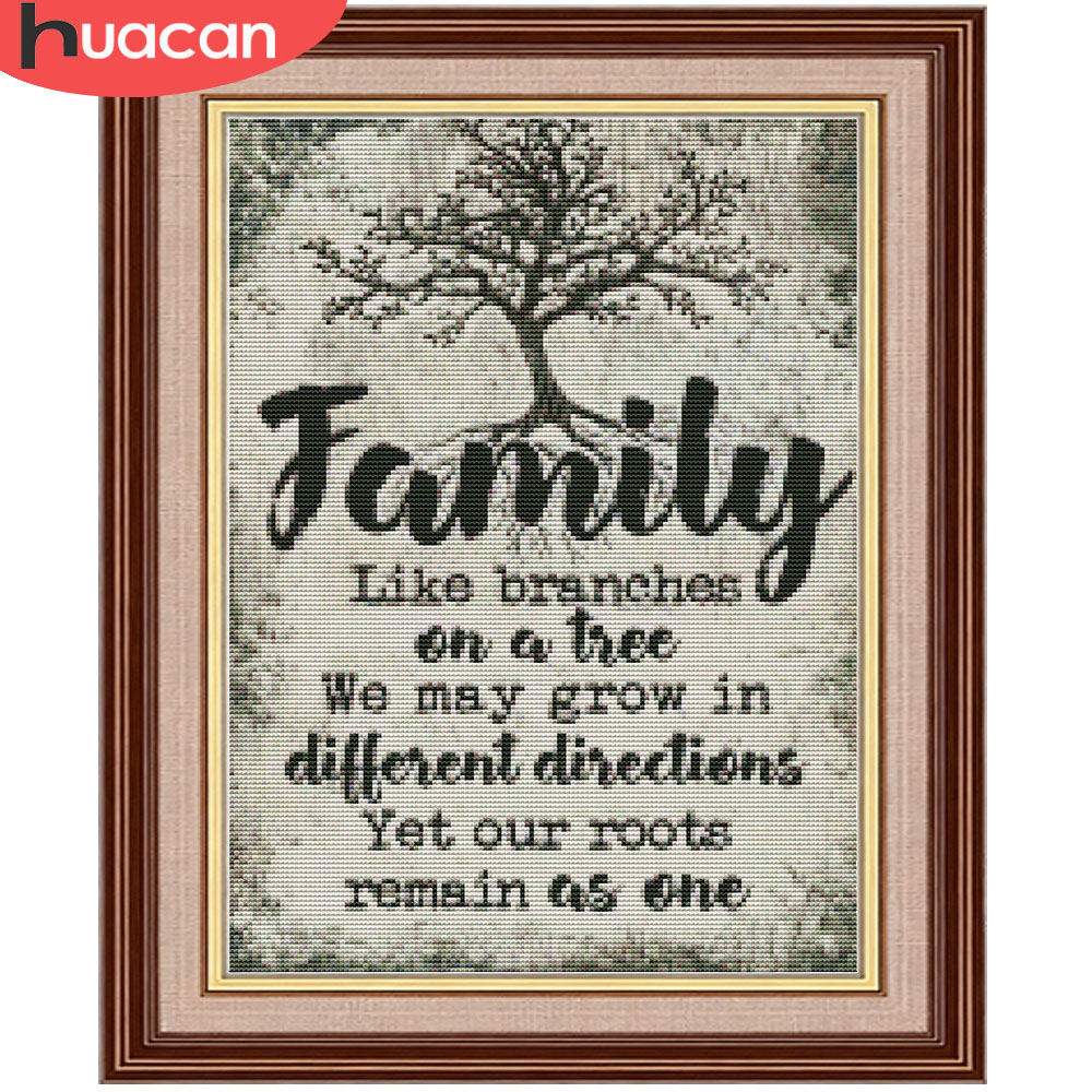 Family Tree Print - HUACAN طقم تطريز كامل 11CT، تطريز