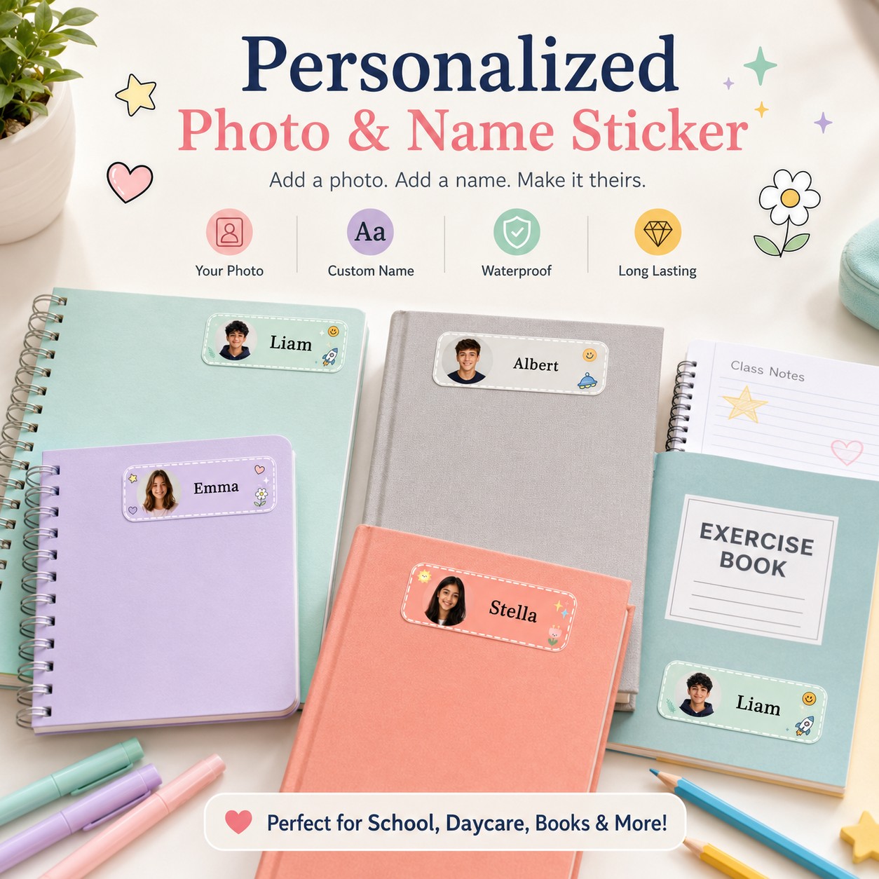 Custom Photo Book - ملصقات مخصصة بالصور والأسماء للفصول الدراسية،