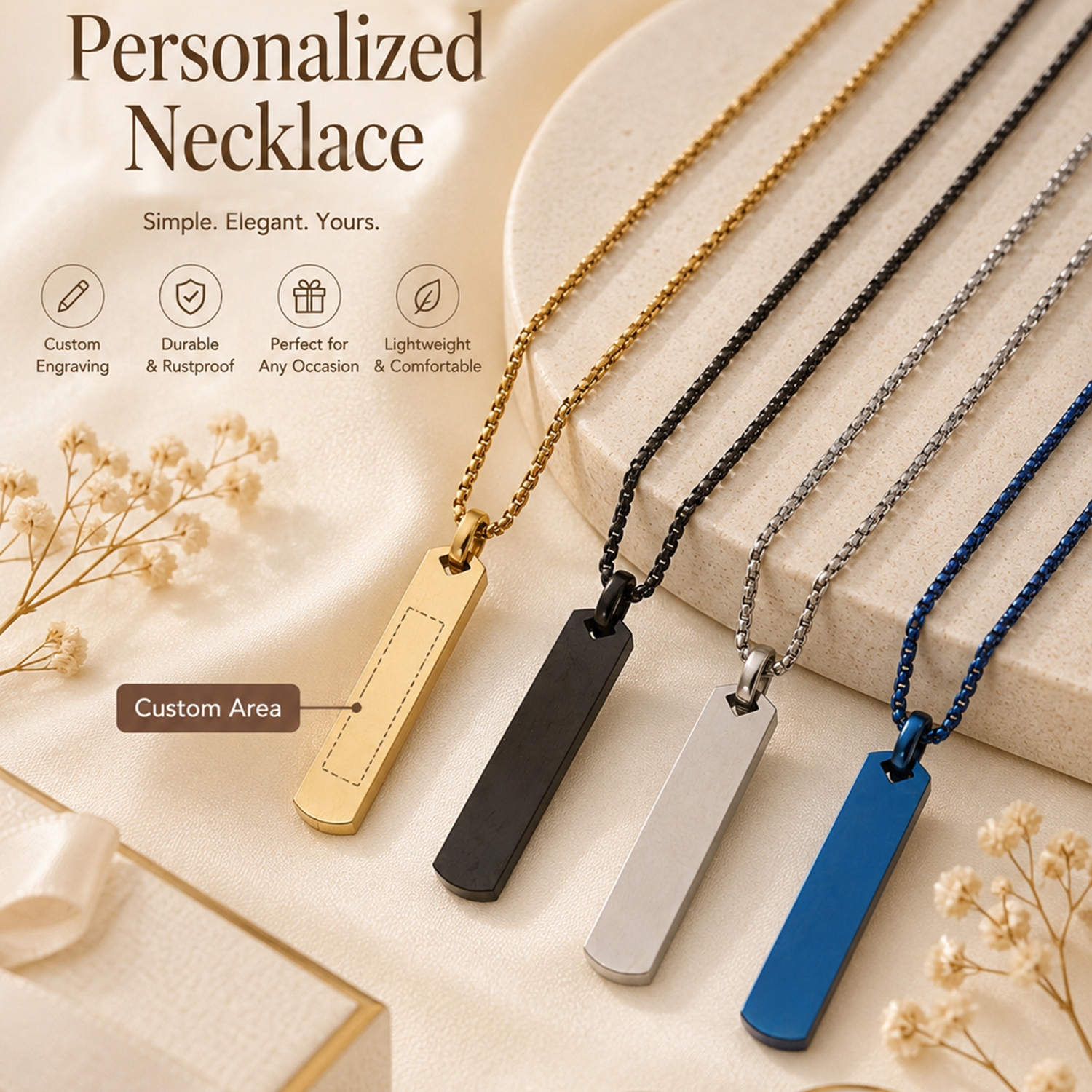 Name Necklace Custom - قلادة مخصصة بتصميم شريط طويل، نقش