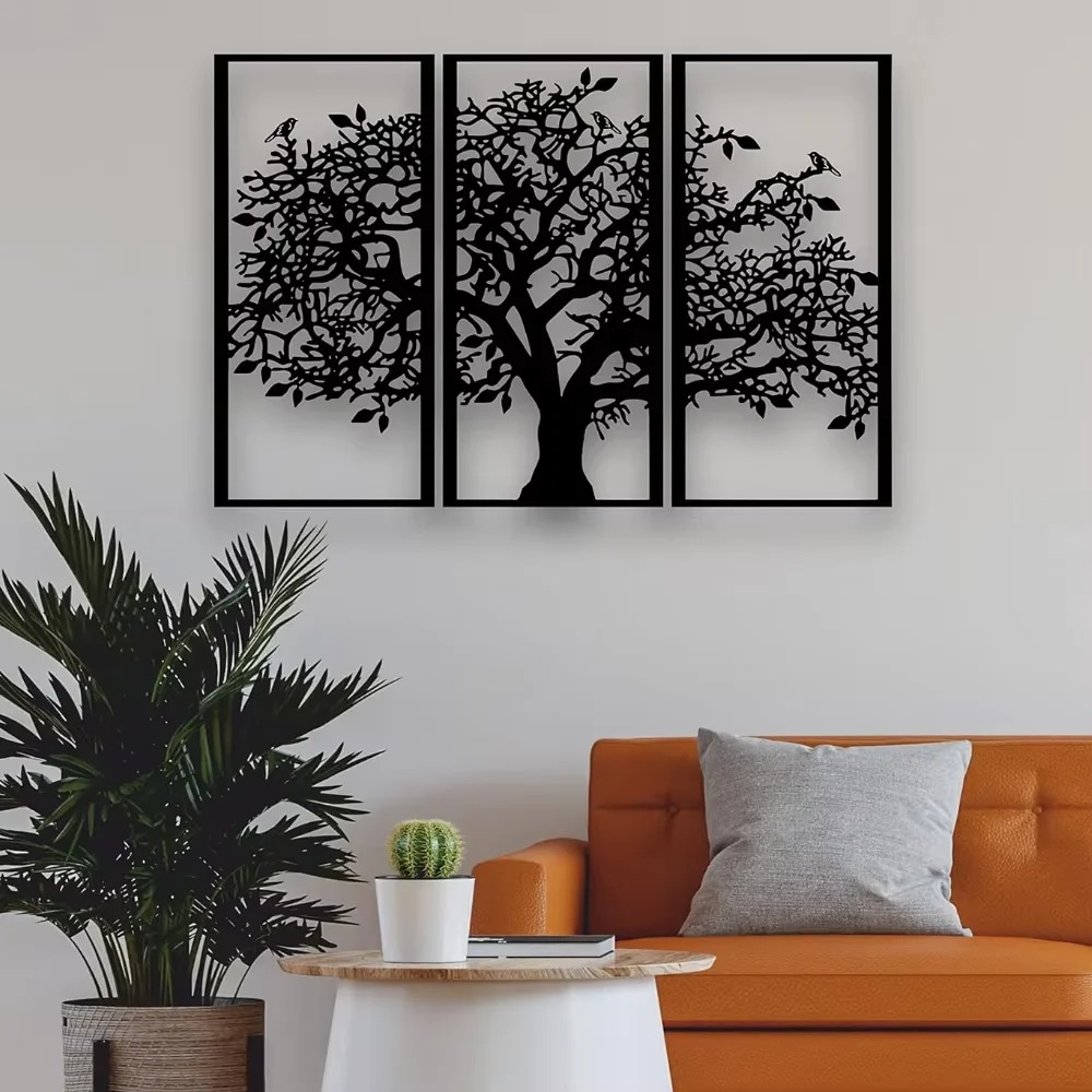 Family Tree Print - 3 قطع ديكور جداري معدني على