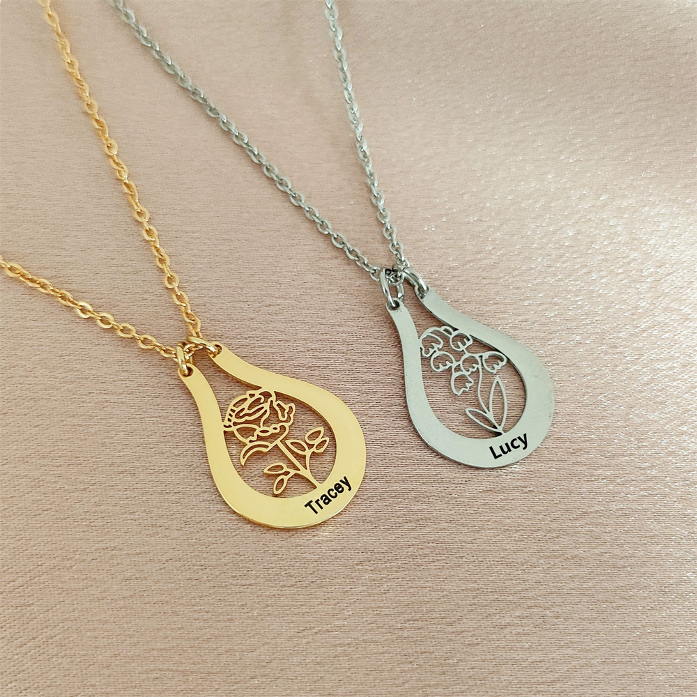 Birth Flower Necklace - محفورة اسم الولادة زهرة قلادة مخصصة